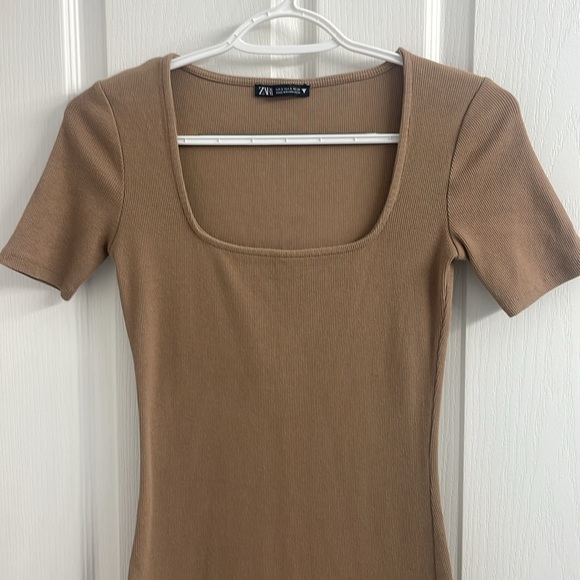 Zara Midi Bodycon Dress Ribbed Square Neck Short Sleeves Tan Size S - Picture 3 of 11
